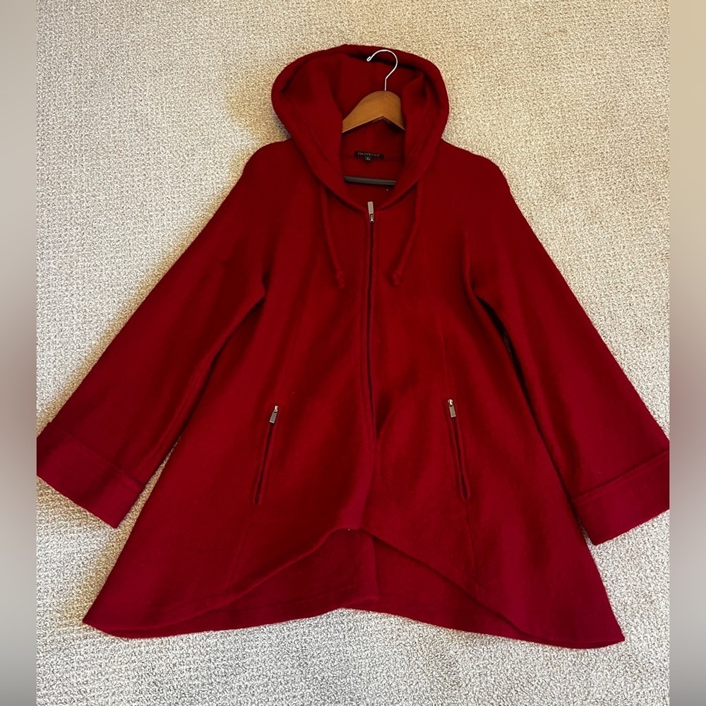 For Cynthia Red Jacket with Hood, A-line Silhouette, S, 100% Wool